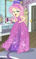 Size: 535x865 | Tagged: safe, screencap, fluttershy, human, costume conundrum, costume conundrum: rarity, equestria girls, g4, my little pony equestria girls: choose your own ending, bare shoulders, beautiful, bed, clothes, cropped, door, dress, flutterbeautiful, gown, jewelry, lidded eyes, princess fluttershy, rug, sewing machine, skinny, sleeveless, solo, strapless, thin, tiara, twirl, window