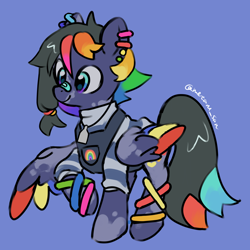 Size: 4096x4096 | Tagged: safe, artist:metaruscarlet, oc, oc only, oc:pride heart, pegasus, pony, anklet, bandaid, bandaid on nose, blue background, clothes, ear piercing, earring, jewelry, necklace, pegasus oc, piercing, rainbow, raised hoof, simple background, solo, vitiligo, wings