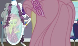 Size: 1896x1118 | Tagged: safe, screencap, fluttershy, rarity, human, costume conundrum, costume conundrum: rarity, equestria girls, g4, my little pony equestria girls: choose your own ending, beautiful, bedroom, clothes, dress, duo, duo female, eyes closed, female, gown, jewelry, mirror, princess fluttershy, reflection, tiara