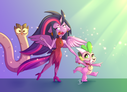 Size: 3300x2400 | Tagged: safe, artist:mdragonflame, owlowiscious, spike, twilight sparkle, alicorn, bird, dragon, owl, anthro, plantigrade anthro, g4, boots, clothes, collar, cosplay, costume, crossover, cute, dress, edalyn clawthorne, female, floppy ears, gem, gradient background, heterochromia, high heel boots, high res, hooty, horn, king clawthorne, male, mama twilight, open mouth, owlabetes, pantyhose, pet tag, shiny, shoes, skull, spikabetes, spoilers for another series, spread wings, tail, the owl house, titan costume, trio, twilight sparkle (alicorn), wingless spike, wings, witch costume