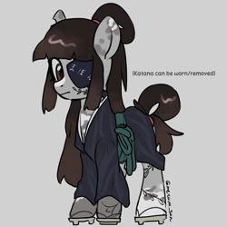 Size: 4096x4096 | Tagged: safe, artist:metaruscarlet, oc, oc only, oc:ohasu, earth pony, pony, clothes, earth pony oc, english, eye scar, eyepatch, facial scar, geta, gray background, japanese, kimono (clothing), redesign, scar, simple background, solo, spotted, tattoo, text, torn ear