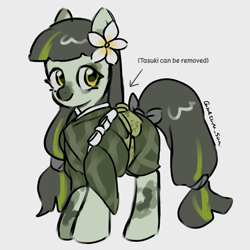 Size: 4096x4096 | Tagged: safe, artist:metaruscarlet, oc, oc only, oc:sawa (ice1517), earth pony, pony, clothes, earth pony oc, english, flower, gray background, kimono (clothing), looking at you, ribbon, simple background, solo, spotted, tasuki, text