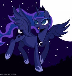 Size: 1958x2048 | Tagged: safe, artist:eltrash_art6, princess luna, alicorn, pony, g4, crown, cute, eyeshadow, female, flying, hoof shoes, jewelry, lunabetes, makeup, mare, moon, open mouth, regalia, solo