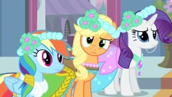 Size: 2126x1211 | Tagged: safe, screencap, applejack, rainbow dash, rarity, earth pony, pegasus, pony, unicorn, a canterlot wedding, g4, season 2, alternate hairstyle, beautiful, bridesmaid, bridesmaid applejack, bridesmaid dash, bridesmaid dress, bridesmaid rarity, bridesmaids, bush, canterlot, canterlot castle, clothes, confused, dress, female, floral head wreath, flower, flower in hair, force field, gown, horn, mare, royal wedding, steps, trio, trio female