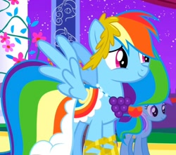Size: 1076x953 | Tagged: safe, screencap, diamond mint, rainbow dash, pegasus, pony, unicorn, g4, season 1, the best night ever, alternate hairstyle, beautiful, canterlot, clothes, cropped, cute, dashabetes, dress, female, flower, gala, gala dress, gown, grand galloping gala, happy, horn, mare, night, rainbow dash's first gala dress, rope, smiling, spread wings, wings
