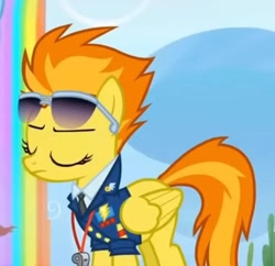 Size: 742x718 | Tagged: safe, screencap, spitfire, g4, my little pony: friendship is magic, the washouts (episode), bush, captain of the wonderbolts, clothes, cloudsdale, cropped, drill sergeant, eyes closed, female, flag, mare, necktie, rainbow waterfall, solo, spitfire's tie, suit, sunglasses, sunglasses on head, uniform, wonderbolts dress uniform