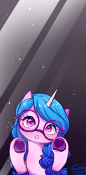 Size: 2480x5052 | Tagged: safe, artist:fantasysong, izzy moonbow, pony, unicorn, g5, :o, colored hooves, female, glass, glasses, gradient background, half body, hoof heart, hooves, horn, mare, open mouth, round glasses, solo, swirly horn, underhoof