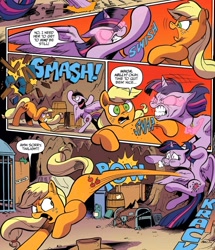 Size: 1966x2288 | Tagged: safe, artist:andy price, idw, official comic, applejack, cosmos, twilight sparkle, alicorn, bird, draconequus, earth pony, g4, abuse, barrel, biting, cage, combat, ducking, duel, fight, gritted teeth, kick, kicking, leaning back, mind control, possessed, punch, smashing, snapping, teeth, treasure chest, twilight sparkle (alicorn), twilybuse