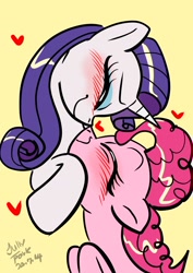 Size: 1240x1754 | Tagged: safe, artist:jully-park, pinkie pie, rarity, earth pony, pony, unicorn, g4, blush lines, blushing, boop, duo, duo female, eyes closed, female, horn, lesbian, lidded eyes, noseboop, ship:raripie, shipping, simple background, yellow background