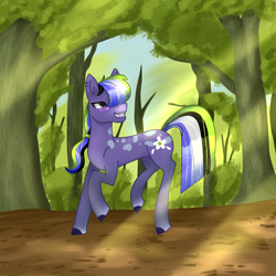Size: 3000x3000 | Tagged: safe, artist:aasuri-art, oc, oc only, earth pony, pony, complex background, concave belly, crepuscular rays, detailed background, forest, glasses, hair over one eye, high res, nature, solo, tree