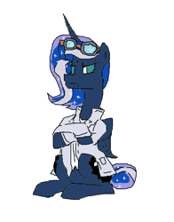 Size: 831x1058 | Tagged: safe, artist:mileslancer, princess luna, oc, oc only, oc:luna frankenstein, alicorn, pony, g4, angry, annoyed, clothes, coat, female, goggles, ms paint, simple background, solo, white background