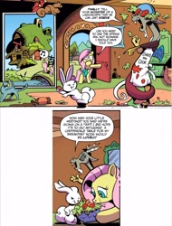 Size: 5616x7384 | Tagged: safe, artist:andy price, idw, official comic, angel bunny, discord, fluttershy, bird, cat, draconequus, pegasus, rabbit, squirrel, friendship is magic #75, g4, spoiler:comic, animal, apron, clothes, fluttershy's cottage, food, lettuce, salad, throwing, tomato, trio