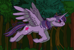 Size: 1200x816 | Tagged: safe, artist:starstation, twilight sparkle, alicorn, pony, g4, flying, forest, messy mane, nature, solo, tree, twilight sparkle (alicorn)