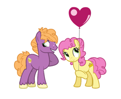 Size: 1287x1063 | Tagged: safe, artist:rarityflower, li'l cheese, little mac, earth pony, pony, g4, balloon, base used, duo, gay, heart, heart balloon, hoof hold, li'l mac n cheese, male, older, older li'l cheese, older little mac, shipping, simple background, stallion, white background