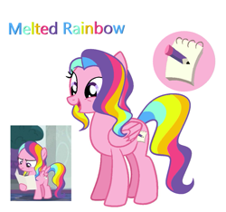 Size: 909x852 | Tagged: safe, artist:rarityflower, rainbow harmony, pegasus, pony, g4, alternate name, base used, eyelashes, female, filly, foal, folded wings, frown, hoof hold, mare, multicolored hair, multicolored mane, multicolored tail, narrowed eyes, older, older rainbow harmony, open mouth, open smile, pink coat, purple eyes, rainbow hair, rainbow tail, reading, simple background, smiling, solo, spread wings, standing, tail, wavy mane, wavy tail, white background, wings