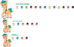 Size: 3655x2339 | Tagged: safe, edit, hitch trailblazer, earth pony, pony, g5, my little pony 2022 | core brand asset toolkit, official, behind the scenes, color palette, male, reference sheet, simple background, solo, stallion, style comparison, white background