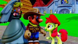 Size: 1920x1080 | Tagged: safe, artist:miketheuser, artist:superpac-mario64, apple bloom, human, pony, g4, 3d, boots, bride, cap, clothes, costume, cowboy, cowboy boots, cowboy hat, crossover, dress, halloween, halloween costume, hat, holiday, mario, mario's hat, princess peach, shoes, super mario bros., super mario odyssey, wedding dress