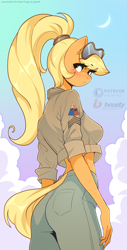 Size: 2028x4000 | Tagged: safe, artist:xjenn9, applejack, earth pony, anthro, g4, 3rd armored division (us), chevrons, clothes, commission, crescent moon, freckles, goggles, goggles on head, gradient background, midriff, military uniform, moon, ponytail, sergeant, shirt, solo, tail, underwear, uniform, us army, ych example, your character here