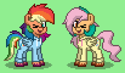 Size: 412x240 | Tagged: safe, fluttershy, hitch trailblazer, rainbow dash, sunny starscout, earth pony, pegasus, pony, pony town, g4, g5, clothes, cosplay, costume, duo, duo male and female, female, green background, hoodie, kigurumi, lesbian, male, ship:flutterdash, ship:starblazer, shipping, simple background, straight, wig