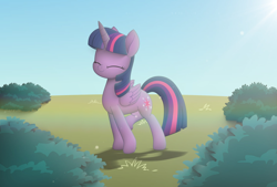 Size: 1280x866 | Tagged: safe, artist:k. dale, twilight sparkle, alicorn, pony, g4, bush, cute, eyes closed, female, mare, movie accurate, raised leg, shading, smiling, solo, standing, twilight sparkle (alicorn)