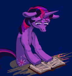 Size: 1280x1348 | Tagged: safe, artist:starstation, twilight sparkle, pony, unicorn, g4, blue background, book, floppy ears, horn, magic, reading, simple background, solo, unicorn twilight