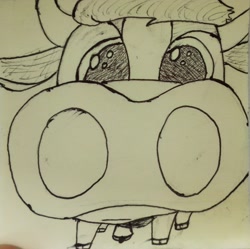 Size: 2448x2436 | Tagged: safe, artist:wren, arizona (tfh), cow, them's fightin' herds, bell, cloven hooves, community related, cowbell, monochrome, solo, stare, sticky note, traditional art