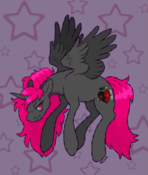 Size: 933x1101 | Tagged: safe, artist:beyhr, oc, oc only, oc:halo, alicorn, pony, alicorn oc, artfight, colored eyebrows, colored wings, colored wingtips, female, flying, frown, gift art, gray coat, gray wingtips, horn, lidded eyes, long mane, long tail, looking back, mare, mare oc, narrowed eyes, no catchlights, partially open wings, patterned background, pink eyes, pink mane, pink tail, ponysona, profile, shiny mane, shiny tail, signature, solo, stars, tail, two toned background, two toned wings, unicorn horn, wings