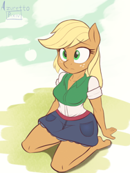 Size: 3000x4000 | Tagged: safe, alternate version, artist:azuretto, applejack, earth pony, anthro, unguligrade anthro, g4, applejack's skirt, clothes, colored, cute, denim, denim skirt, equestria girls outfit, female, flat colors, frown, high res, jackabetes, kneeling, skirt, solo