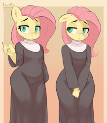 Size: 2600x3000 | Tagged: safe, artist:azuretto, fluttershy, pegasus, anthro, g4, clothes, female, floppy ears, flutternun, frown, gradient background, high res, lidded eyes, nun, nun outfit, solo, wrong eye color