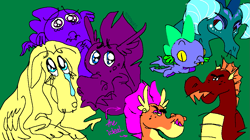 Size: 1059x595 | Tagged: safe, artist:msponies, fluttershy, garble, princess ember, smolder, spike, dragon, pegasus, pony, g4, green background, pixel-crisp art, simple background, winged spike, wings