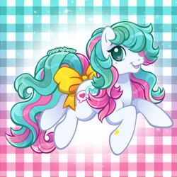 Size: 2400x2400 | Tagged: safe, artist:sparkytopia, oc, oc only, earth pony, pony, g3, bow, female, looking at you, mlptp posty, patterned background, pink mane, signature, solo, tail, tail bow, teal eyes, teal mane, white coat