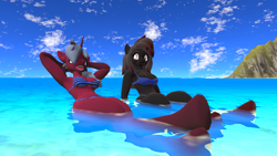 Size: 3840x2160 | Tagged: safe, oc, oc only, oc:blood stain, anthro, unguligrade anthro, 3d, arm behind head, beach, bikini, blind eye, clothes, duo, duo female, female, ocean, open mouth, sitting, smiling, swimsuit, vrchat, water