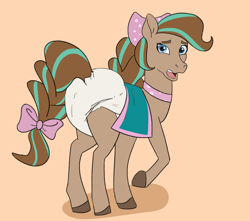 Size: 1960x1734 | Tagged: safe, artist:drasill, horse, abdl, bow, cocoa (wild manes), diaper, diaper fetish, embarrassed, fetish, hair bow, looking at you, looking back, non-baby in diaper, raised hoof, shocked, shocked expression, simple background, solo, tail, tail bow, wild manes