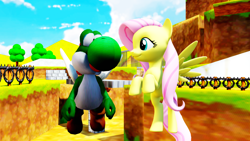 Size: 1920x1080 | Tagged: safe, artist:superpac-mario64, fluttershy, dinosaur, pegasus, yoshi, g4, 3d, mmd, super mario bros., wings