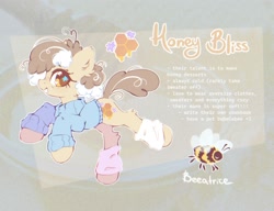 Size: 2048x1575 | Tagged: safe, artist:mirtash, oc, oc only, oc:honey bliss, bee, bumblebee, earth pony, insect, pony, adoptable, bags under eyes, big hooves, blue sweater, brown eyelashes, brown pupils, cheek fluff, clothes, colored eyelashes, colored pupils, curly mane, curly tail, ear fluff, earth pony oc, eyelashes, freckles, heart, heart eyes, hock fluff, leg warmers, looking back, outline, profile, raised hooves, raised leg, reference sheet, smiling, solo, standing, standing on one leg, starry eyes, sweater, tail, tan coat, text, thin, turtleneck, turtleneck sweater, two toned mane, two toned tail, wall of tags, white text, wingding eyes, yellow eyes, yellow text