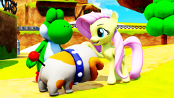 Size: 1920x1080 | Tagged: safe, artist:superpac-mario64, fluttershy, pegasus, yoshi, g4, 3d, crossover, mmd, poochie, poochy, super mario bros.