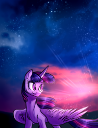 Size: 1178x1536 | Tagged: safe, artist:not-ordinary-pony, derpibooru exclusive, twilight sparkle, alicorn, g4, backlighting, crepuscular rays, female, mare, partially open wings, smiling, solo, sparkles, sternocleidomastoid, sunset, tail, twilight sparkle (alicorn), windswept mane, windswept tail, wings