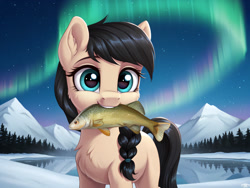 Size: 2048x1536 | Tagged: safe, ai assisted, ai content, artist:dovakkins, oc, oc only, fish, pony, yakutian horse, aurora borealis, cute, female, fluffy, forest, looking at you, mare, mountain, mountain range, mouth hold, nature, smiling, smiling at you, snow, solo, tree