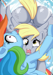 Size: 2894x4093 | Tagged: safe, artist:zekn, derpy hooves, rainbow dash, pegasus, pony, g4, bubble butt, butt, collision, duo, duo female, female, flying, high res, i just don't know what went wrong, mare, open mouth, pinpoint eyes, plot, tongue out