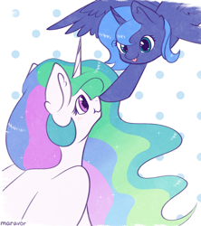 Size: 1950x2200 | Tagged: safe, artist:maravor, princess celestia, princess luna, alicorn, pony, g4, :p, abstract background, blushing, boop, cute, cutelestia, duo, duo female, female, filly, filly luna, lunabetes, mare, royal sisters, s1 luna, scrunchy face, siblings, sisters, tongue out, woona, younger