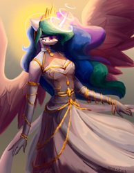 Size: 3500x4500 | Tagged: safe, artist:anastas, princess celestia, alicorn, pegasus, unicorn, anthro, g4, abstract background, breasts, busty princess celestia, chains, cleavage, clothes, crown, curved horn, cute, dress, ethereal mane, eyelashes, female, floppy ears, glowing, glowing horn, horn, jewelry, looking away, magic, necklace, reasonably sized breasts, regalia, ring, sexy, smiling, solo, spread wings, sun, white dress, wings