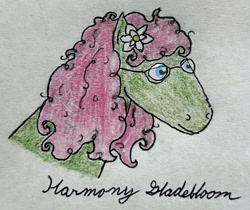 Size: 1681x1414 | Tagged: safe, artist:peacepetal, oc, oc only, oc:harmony gladebloom, earth pony, pony, bust, colored pencil drawing, curly hair, curly mane, cursive writing, earth pony oc, glasses, hoers, magnolia flower, messy mane, portrait, rectangular pupil, simple background, solo, traditional art