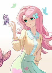 Size: 2480x3508 | Tagged: safe, artist:ashen, fluttershy, butterfly, human, g4, blouse, cardigan, clothes, female, gradient background, high res, humanized, raised hand, skirt, solo