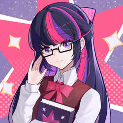 Size: 1600x1600 | Tagged: safe, artist:ashen, twilight sparkle, human, g4, book, bust, clothes, cutie mark background, ear piercing, female, glasses, humanized, looking at you, piercing, raised hand, school uniform, smiling, solo