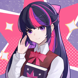 Size: 1600x1600 | Tagged: safe, alternate version, artist:ashen, twilight sparkle, human, g4, book, bust, clothes, cutie mark background, ear piercing, female, humanized, looking at you, piercing, raised hand, school uniform, smiling, solo