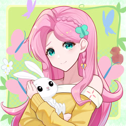 Size: 1600x1600 | Tagged: safe, artist:ashen, angel bunny, fluttershy, human, rabbit, g4, animal, bust, clothes, cutie mark background, duo, female, holding, humanized, looking at you, off shoulder, off shoulder sweater, shoulderless, smiling, sweater