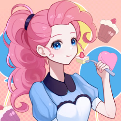 Size: 1600x1600 | Tagged: safe, artist:ashen, pinkie pie, human, g4, :q, apron, bust, cake, clothes, cutie mark background, female, food, fork, humanized, looking at you, server pinkie pie, smiling, solo, tongue out