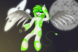 Size: 9600x6400 | Tagged: safe, artist:twinky, oc, oc only, cyborg, cyborg pony, pegasus, pony, robot, robot pony, semi-anthro, anatomically incorrect, arm cannon, artificial wings, augmented, blank eyes, coat markings, disassembly drone, drone, female, green eyes, green mane, headphones, incorrect leg anatomy, mare, murder drones, rocket, rocket launcher, solo, spread wings, swirls, swirly markings, tattoo, weapon, wings