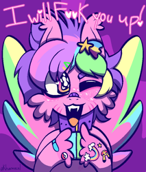 Size: 742x869 | Tagged: safe, artist:kharmacal, oc, oc only, oc:final fantasy, pegasus, pikachu, pony, :3, abstract background, artfight, band-aid, band-aid on nose, censored, censored vulgarity, cheek fluff, collar, colored hooves, colored wings, colored wingtips, colorful, ear tufts, fangs, gift art, gradient eyes, hairclip, halfbody, heart, heart eyes, hooves, hooves together, mismatched hooves, multicolored hooves, multicolored mane, multicolored wings, multicolored wingtips, one eye closed, open mouth, open smile, pink coat, poké ball, pokémon, saturated, short mane, signature, smiling, solo, spread wings, sticker, tall ears, two toned background, wingding eyes, wings, wink