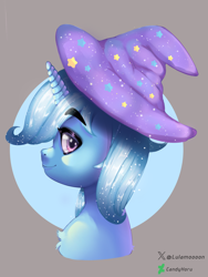 Size: 2304x3072 | Tagged: safe, artist:lulamoooon, trixie, unicorn, g4, blue mane, clothes, eyebrows, hat, horn, purple eyes, redraw, solo, trixie's hat